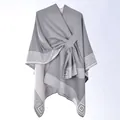 Grey reversible poncho with Greek key pattern and waist strap closure for women - Gray Geometric Meander
