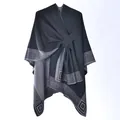 Grey split shawl cape with Greek key pattern border and crossover front strap - Black Gray Geometric Meander