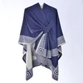 Navy blue knit shawl cape with ivory Greek key pattern and double-sided design - Navy Geometric Meander