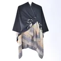 Women's dark blue and grey cashmere-like split poncho with abstract splash pattern - Black Cream Abstract Ink Wash