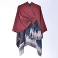Women's knit poncho wrap in burgundy and blue color block with abstract pattern - Wine Red Abstract Ink Wash
