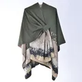 Women's knit poncho wrap in olive green and abstract splash print with ring buckle - Green Abstract Ink Wash