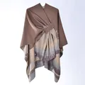 Women's dark brown knit shawl cape with abstract beige pattern and belted front wrap - Coffee Abstract Ink Wash