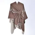 Women's two-sided faux cashmere poncho with brown and beige floral embroidery - Coffee Double Flower Garland