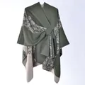 Olive green knitted floral poncho with belt and reversible beige interior for women - Green Double Flower Garland