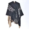Women double-sided cape shawl in dark grey and light camel with floral jacquard and belt - Black Camel Double Flower Garland