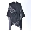 Women's dark gray cashmere-like poncho with floral jacquard and adjustable waist tie - Black Gray Double Flower Garland
