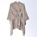 Women's wrap shawl cardigan in light brown with elegant floral pattern and strap closure - Khaki Double Flower Garland