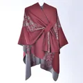 Women's reversible floral shawl cape in deep red and grey with wrap strap design - Red Double Flower Garland