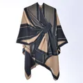 Women's two-tone cashmere shawl poncho in dark grey and camel with front tie closure - Black Camel Rhombus Squares