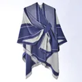 Women's two-tone shawl cape with geometric patterns and crossover buckle closure - Navy Rhombus Squares