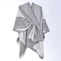Women's split cape shawl in grey and beige color block geometric knit pattern - Gray Rhombus Squares