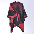 Red and black geometric pattern cashmere-like poncho shawl with front buckle closure - Black Red Rhombus Squares