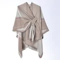 Women's knit poncho in beige and off-white with geometric patterns and tie closure - Khaki Rhombus Grid
