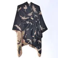 Navy and beige double-sided knit shawl with dragonfly pattern and bow tie closure - Black Camel Dragonfly Jacquard