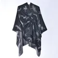 Dark grey dragonfly pattern poncho cape with wrap-around strap closure for women - Black Gray Dragonfly Jacquard
