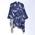 Navy blue knit shawl with white dragonfly jacquard pattern and asymmetrical cut - Navy Dragonfly Jacquard