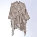 Women's mocha brown cashmere-like poncho shawl with white dragonfly jacquard patterns - Khaki Dragonfly Jacquard