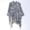 Elegant grey and cream dragonfly jacquard knit poncho with front buckle closure - Gray Dragonfly Jacquard