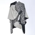 Women's leopard print shawl cardigan with circular buckle and knit texture - Black Cream Leopard Patchwork