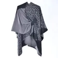 Women's leopard print shawl cape in grey and black with a front buckle closure - Black Gray Leopard Patchwork