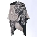 Women's leopard print shawl cape with geometric block knit and front tie detail - Black Khaki Leopard Patchwork