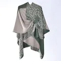 Women's green and grey leopard print shawl wrap with belt buckle tie closure - Green Khaki Leopard Patchwork