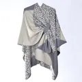 Women's leopard patchwork open poncho wrap in shades of grey and beige knit - Gray Cream Leopard Patchwork