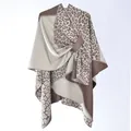 Women's leopard patchwork knit shawl cape with tie closure in brown and beige colors - Coffee Cream Leopard Patchwork