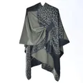 Women's knit poncho with gray and black color blocks and leopard print accents - Black Green Leopard Patchwork
