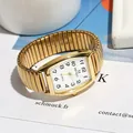 Classic gold square quartz watch with white dial and stretchable metal spring band - Men's White Dial / Gold