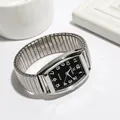 Vintage rectangular quartz watch with silver elastic band and black dial numeric display - Men's Black Dial / Silver