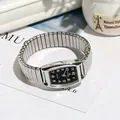 Women's vintage rectangular watch with black dial and silver expansion band strap - Women's Black Dial / Silver