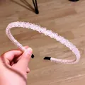 Handmade pink crystal beaded double-row headband with soft fabric lining and grips - Small Pink