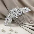 Silver bridal hair comb with marquise rhinestones on elegant grey silk with pearls - 10-Tooth Botanical Flower Style (HS-J7423S) / Silver