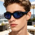 Y2K cyberpunk sunglasses with black frame and blue mirrored lenses on male model - Black Frame Blue Lens