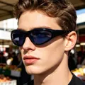 Y2K style wraparound sports sunglasses with black frames and deep blue lenses - Black Frame Blue Lens