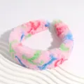 Pink plush headband with colorful tie-dye patterns and thick wide-brimmed design - Pink