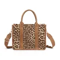 Leopard print tote bag with brown leather handles and a wide adjustable shoulder strap - Leopard Brown