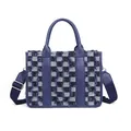 Large checkerboard tote bag in navy blue with fringe details and crossbody strap - Blue Denim