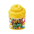 Bright yellow butter slime in a transparent jar with colorful fruit labels for kids - Yellow