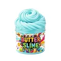Light blue fluffy butter slime in a jar with tropical fruit label for kids DIY play - Macaron Blue