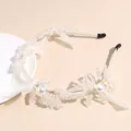 White floral headband featuring crystal beads, imitation pearls, and mesh bows - White Pearl Bow Headband