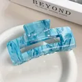 Blue marble patterned acrylic hair claw clip with rectangular cutout and sleek finish - Dark Blue