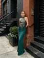 Elegant emerald green halter neck mermaid dress with floral sequin embroidery detail - Malachite green