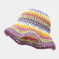 Sombrero de pescador de ganchillo con rayas coloridas y textura de punto artesanal - M (56-58cm) / Patchwork de Arcoíris Borde Púrpura