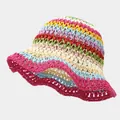 Sombrero de sol de paja de ganchillo a rayas de arcoíris con patrón floral colorido - M (56-58cm) / Patchwork de Arcoíris Borde Rosa Rojo