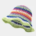 Rainbow striped crochet sun hat with a wide wavy brim and colorful woven texture - M (56-58cm) / Rainbow Patchwork Green Edge