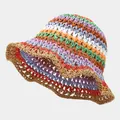 Women's colorful striped crochet straw sun hat for beach vacation in vibrant rainbow colors - M (56-58cm) / Rainbow Patchwork Khaki Edge