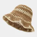 Women's foldable crochet straw hat in dark brown and beige striped design - M (56-58cm) / Khaki Beige Contrast Beige Edge